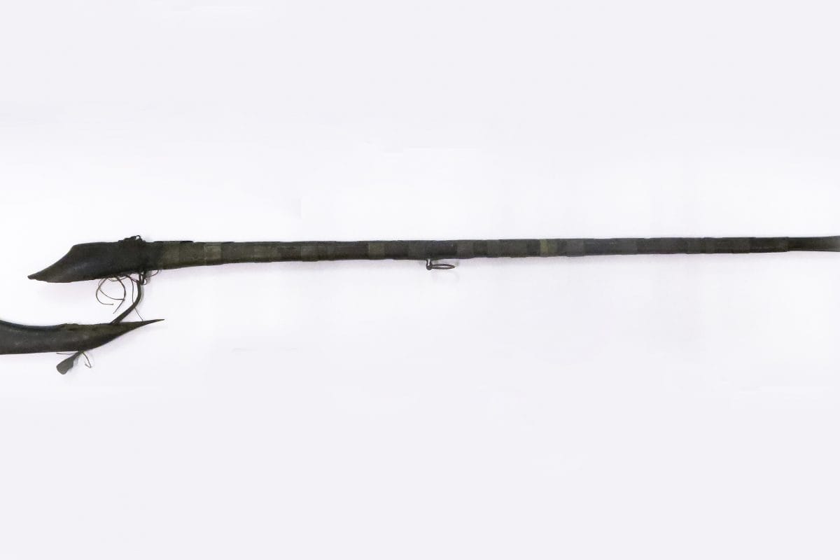 Musket or 'jezail', flintlock, brass bound barrel.