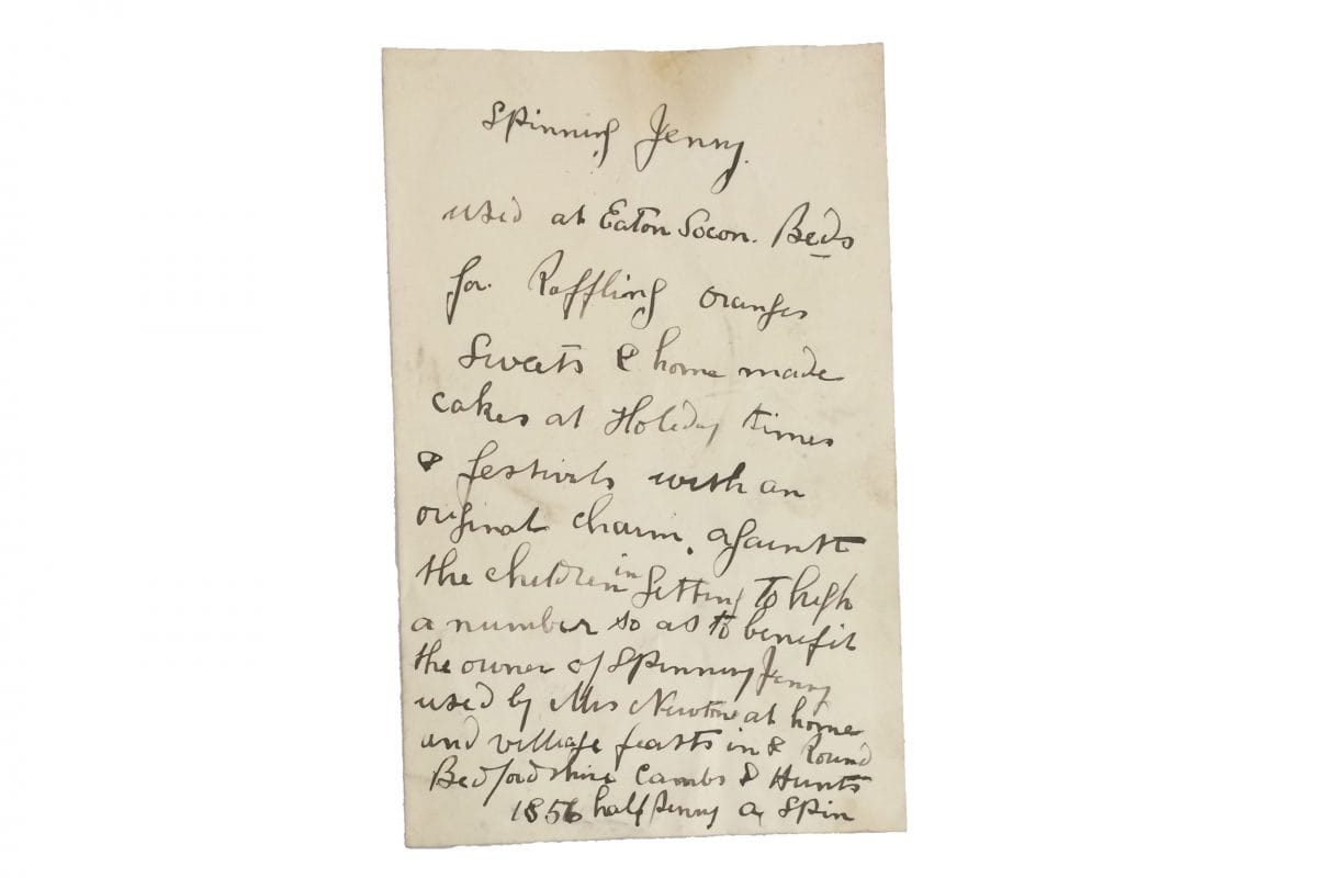 A handwritten note on old paper about a spinning jenny