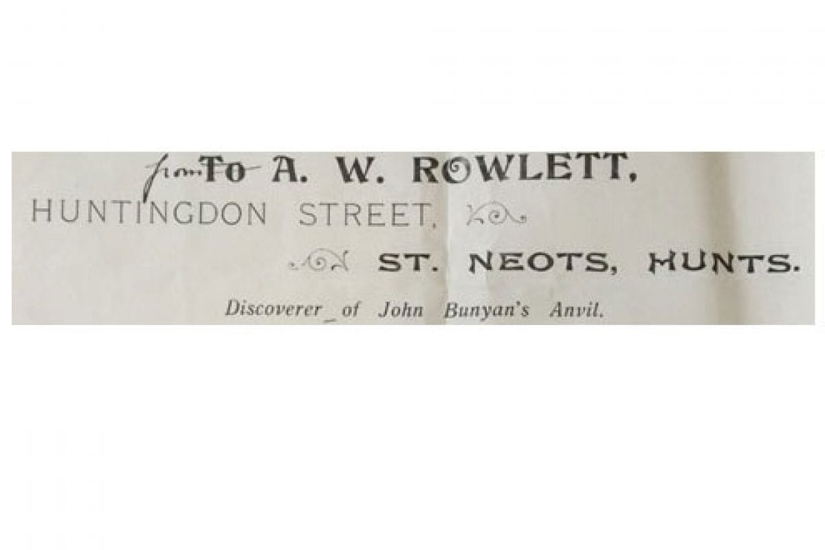 A paper sliver showing the letterhead of a man called AW Rowlett with an address in St Neots