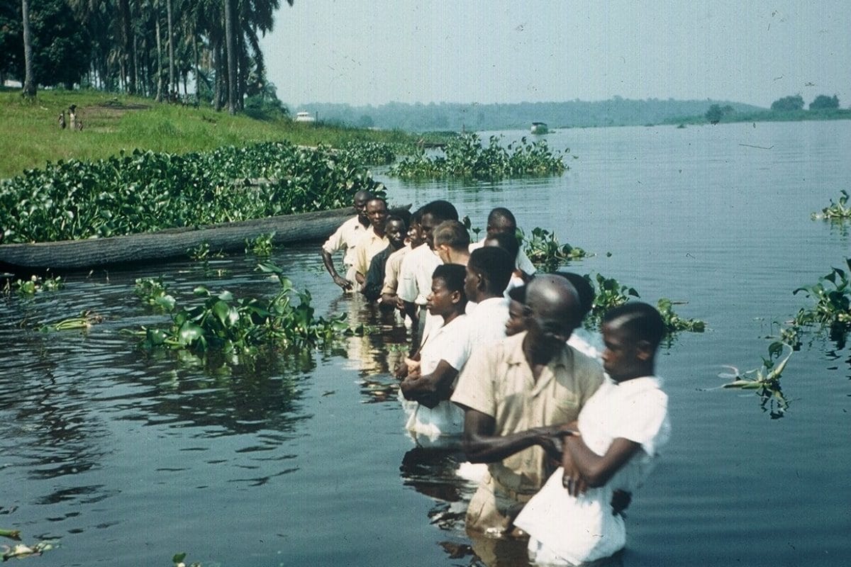 Photograph of people in river being baptised.