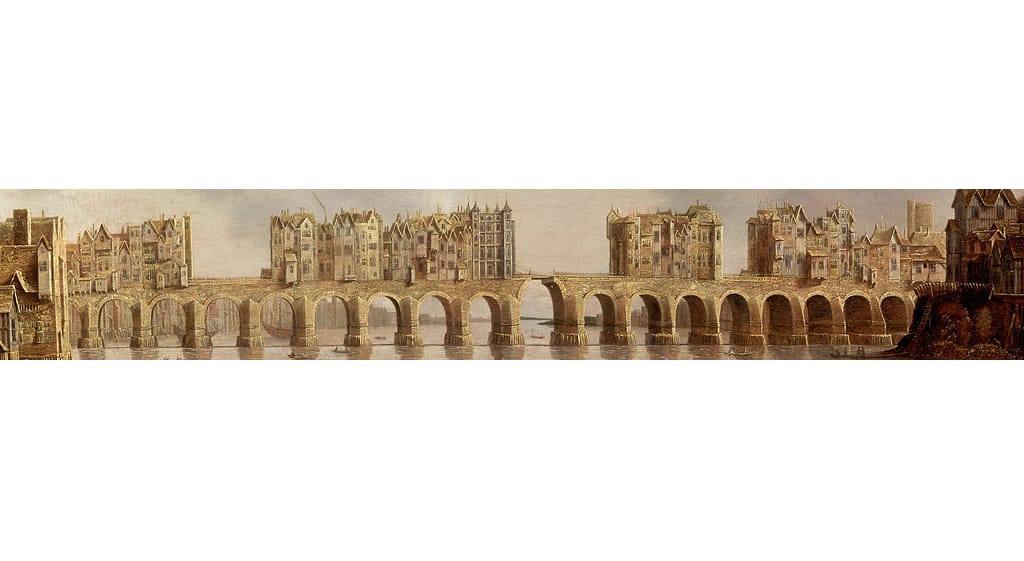 Painting of long bridge houses on top.