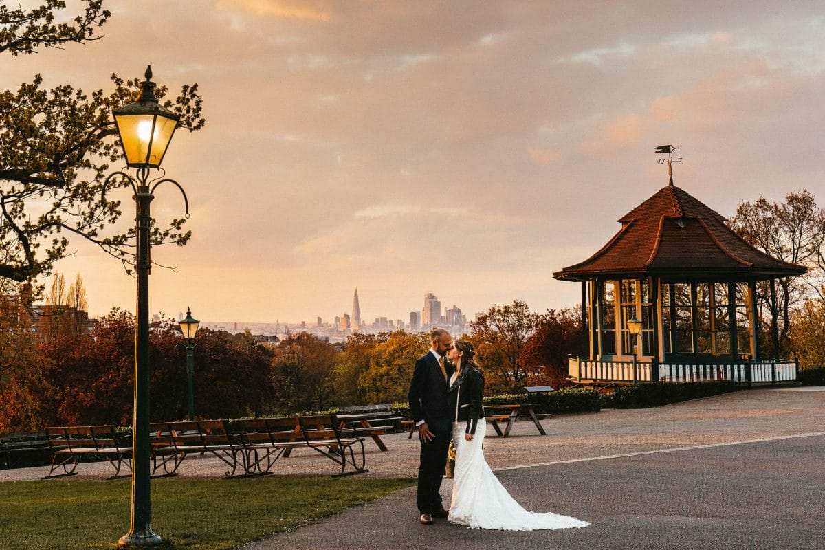 A bride and groom near the Bandstand