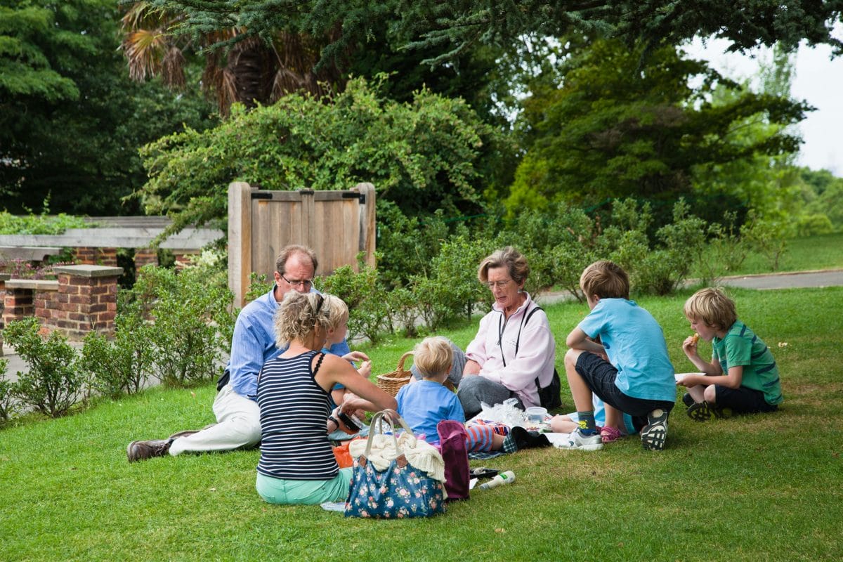 A family with parents children and grandparents are eating a picnic in a Garden