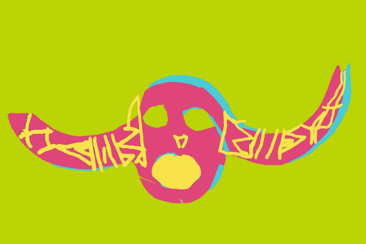 A drawing of a pink mask with horns and an open yellow mouth on a green background