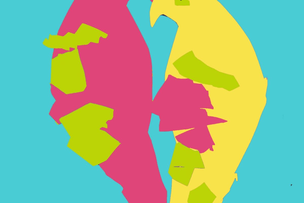 An artists impression of two birds close together facing each other. One bird is pink and the other yellow and they are on a blue background