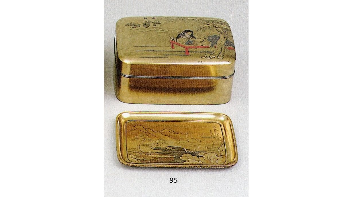 Gold lacquer box with detailing of mountains and woman sitting on a deck.