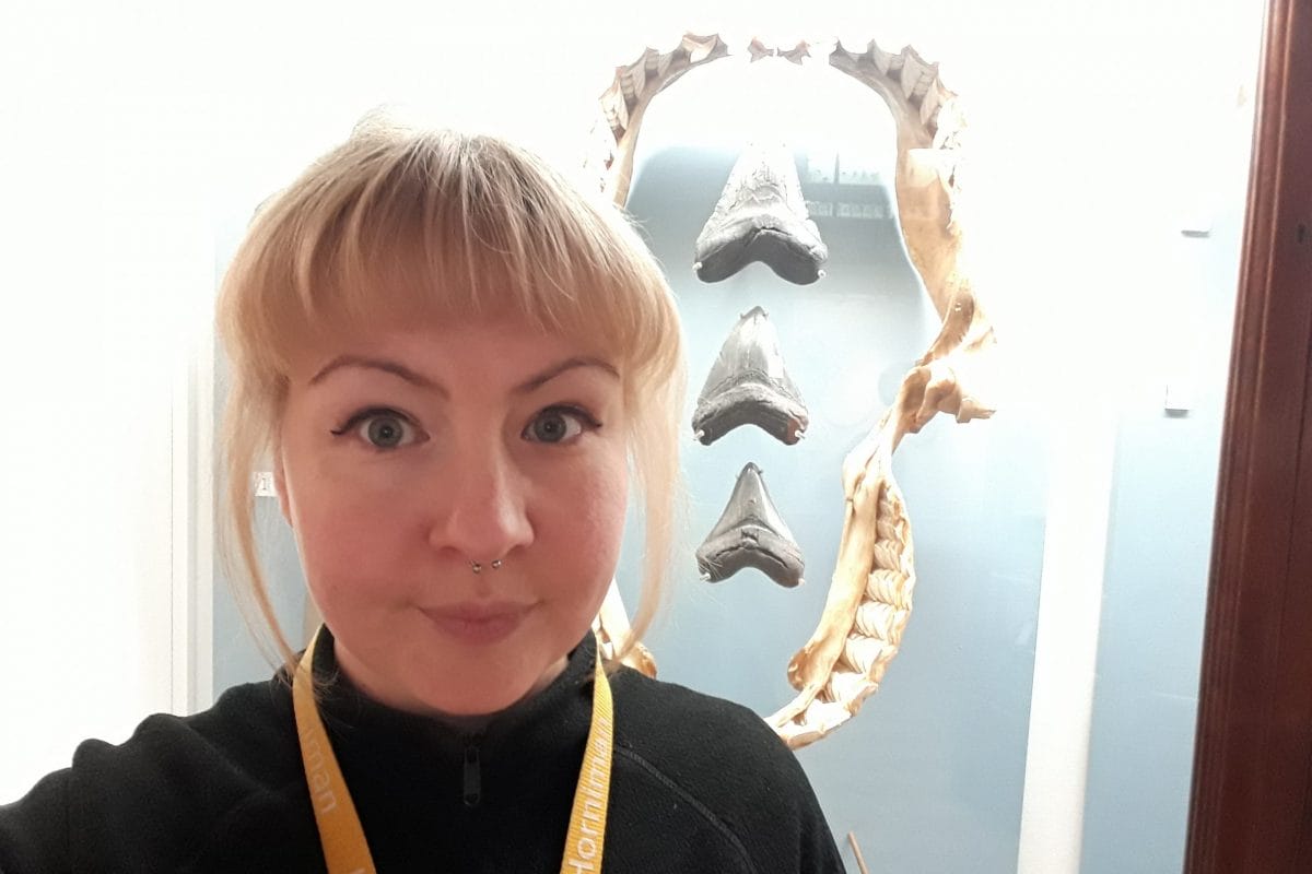 Female visitor host standing in front of display case containing teeth