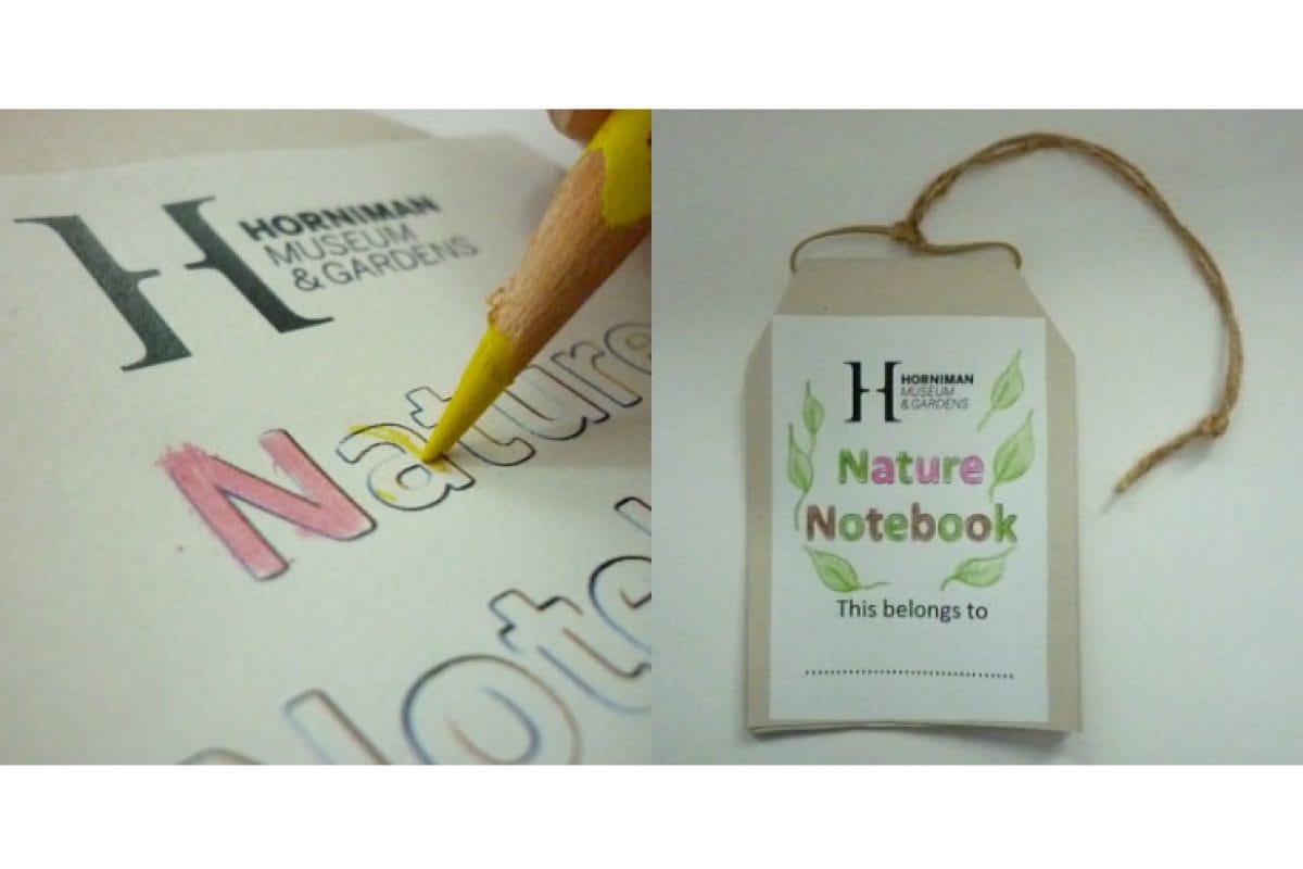 Two images side by side: the left is a close up of a yellow pencil colouring in text, the right is of a completed nature notebook