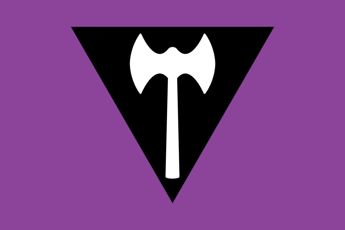 purple flag with black triangle and inverted axe