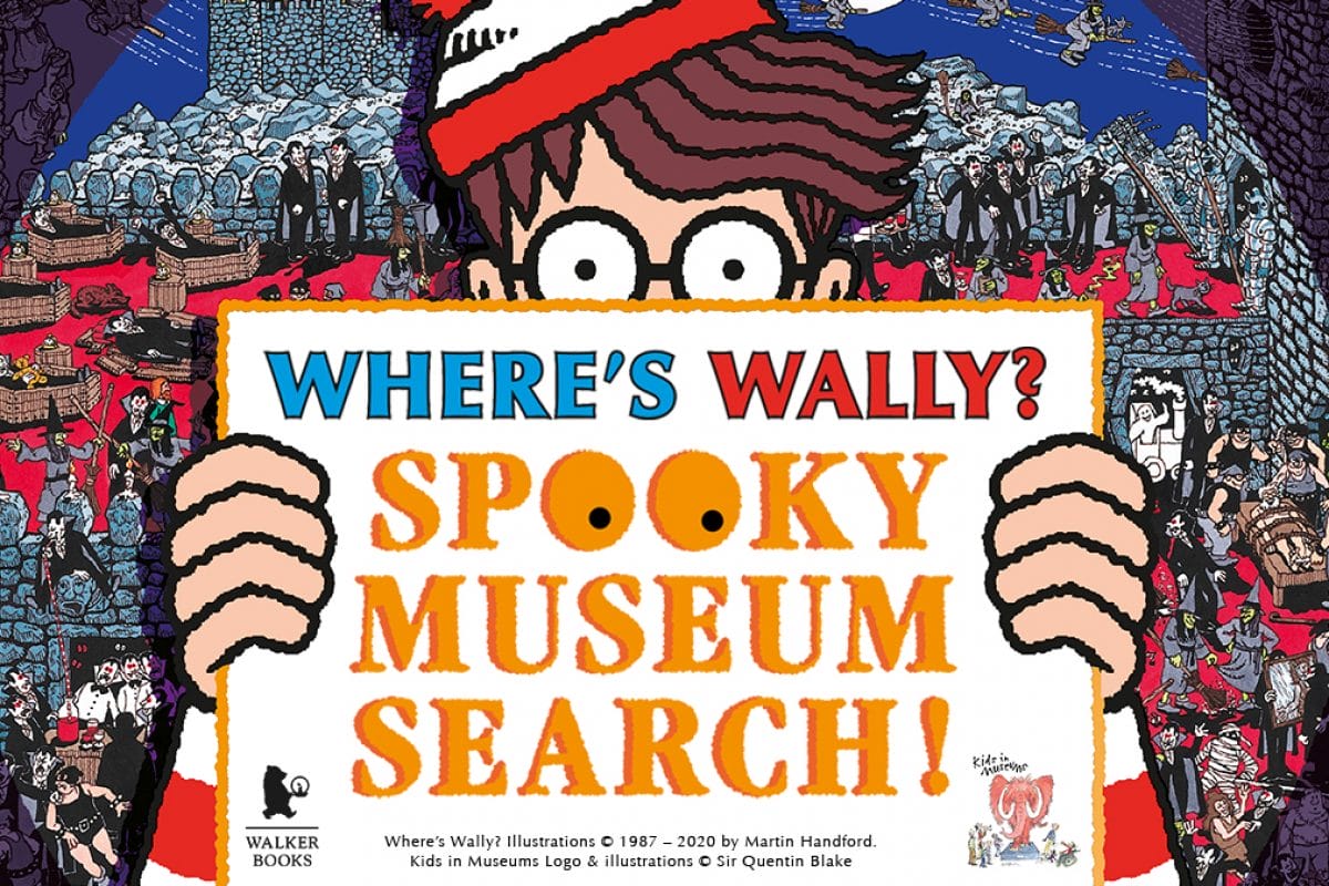 Cartoon of man holding up sign that reads, Wheres Wally? Spooky Museum Search!