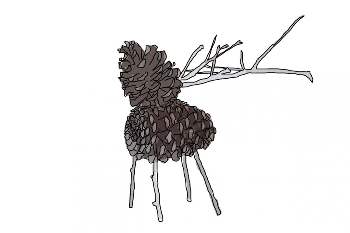 Illustration of pinecone shaped like reindeer