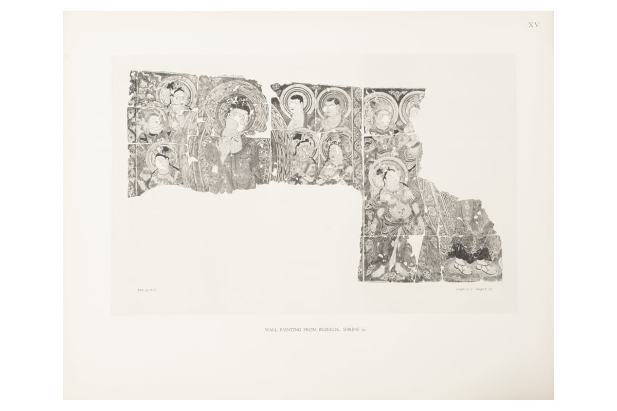 Black and white plate showing seven sections of wall paintings from Bezeklik Shrine iii, with Roman numeral XV in the corner.