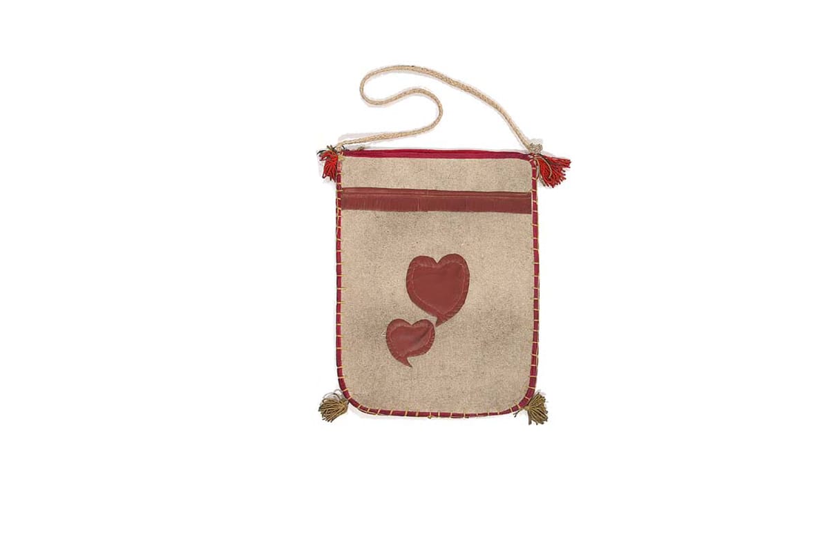 Rectangular felt bag ('Heybe') with rounded bottom edges, decorated with two red hearts