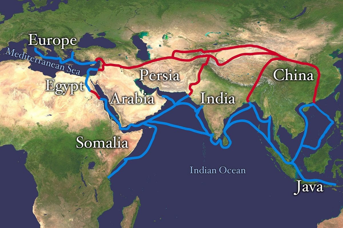 A map showing lines from East Asia into the Mediterranean