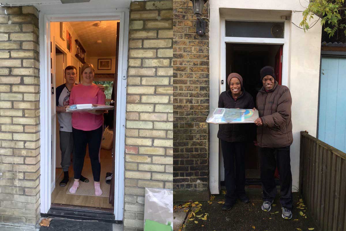 A collage of two images of participants receiving their art packs on their doorsteps