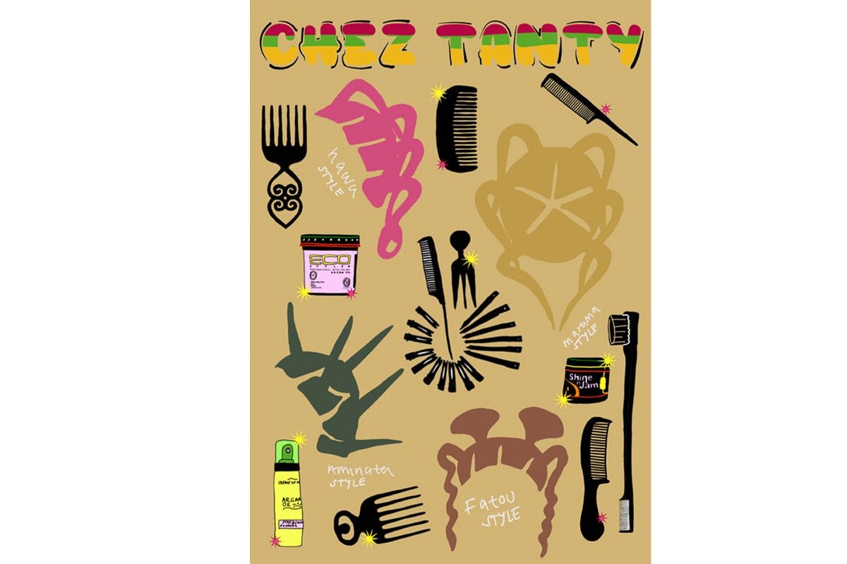 Illustration of different hair objects, including combs, hairspray and hair products. Text at the top reads Chez Tanty, and there are silhouettes of different hair styles