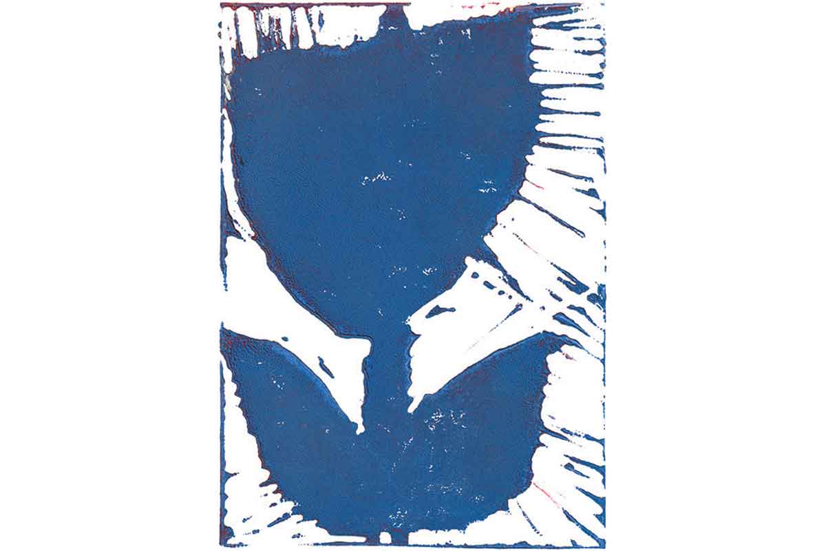 Lino print of a blue blocky tulip