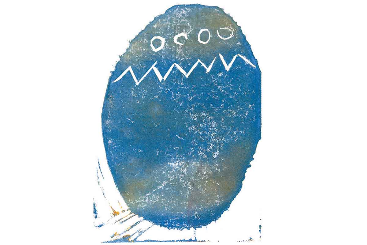 Lino print of a blue egg with patterns at the top