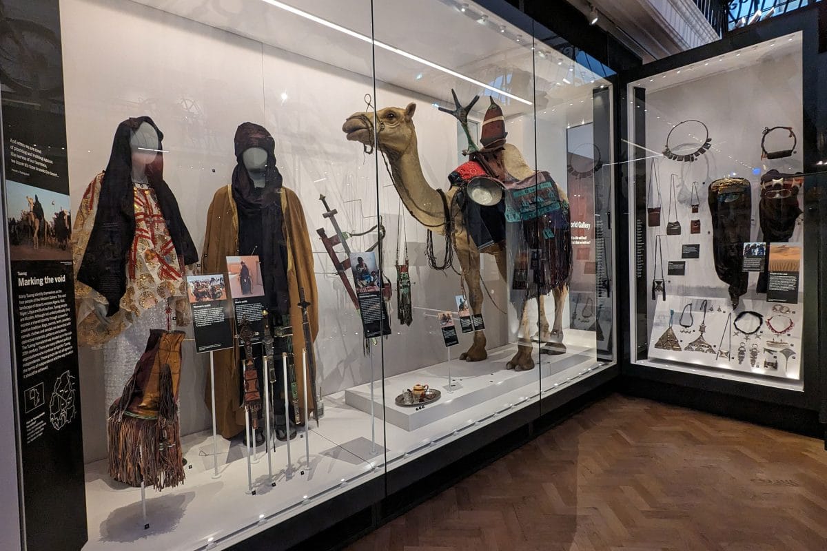 Tuareg display in the World Gallery, including two human models and a camel