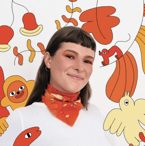 Photo of Aysha Tengiz with orange flowers and bird illustrations overlaid