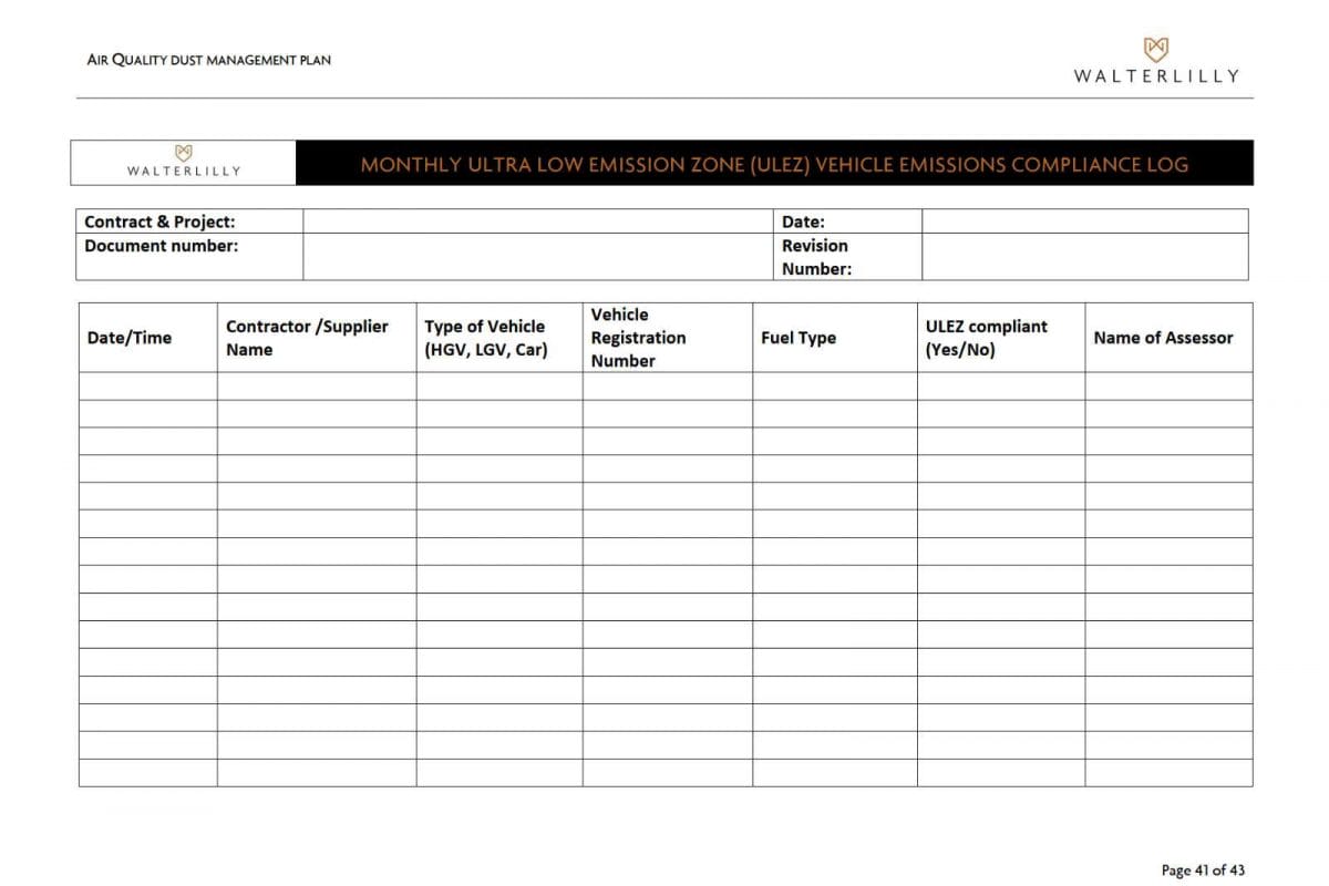 Form with columns for contractors, vehicles details, fuel, compliance and assessor