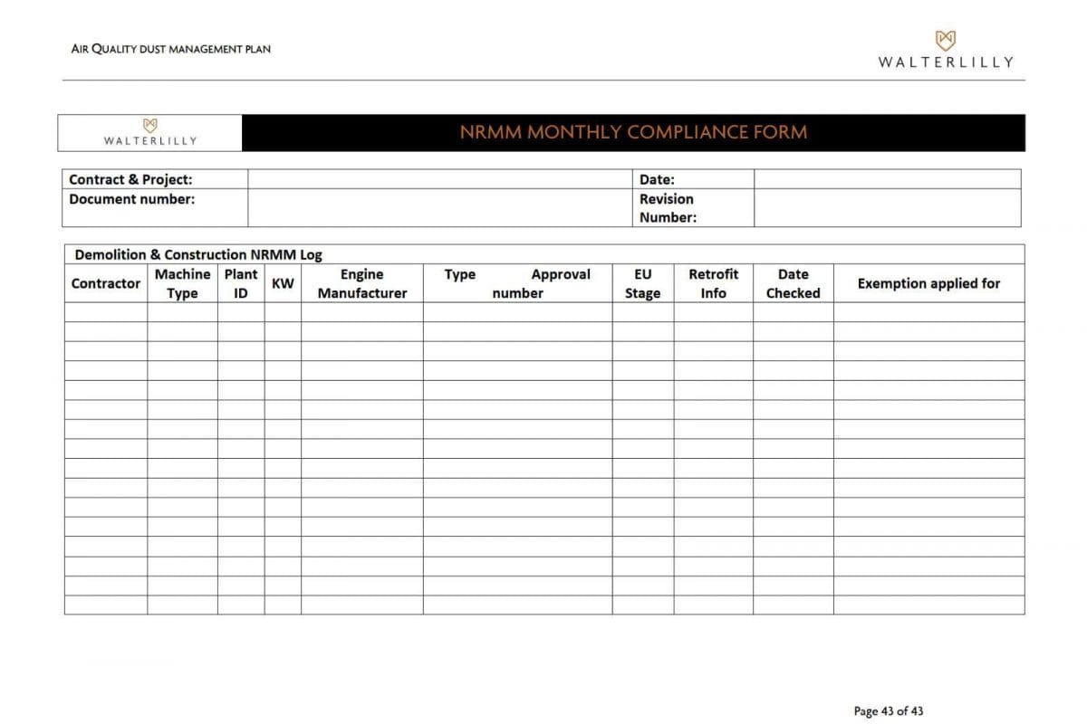 Form with columns recording contractor, machine details, date checked and whether an exemption is applied