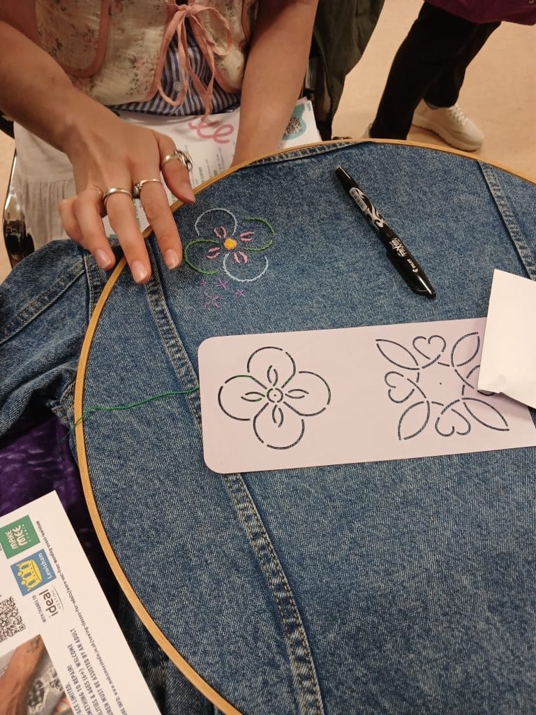 Hands touch a piece of denim that is being embroidered