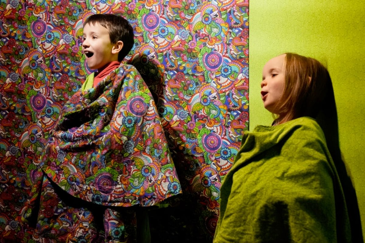 Two children stand in front of a patterned screen, wearing capes that match the colours behind them