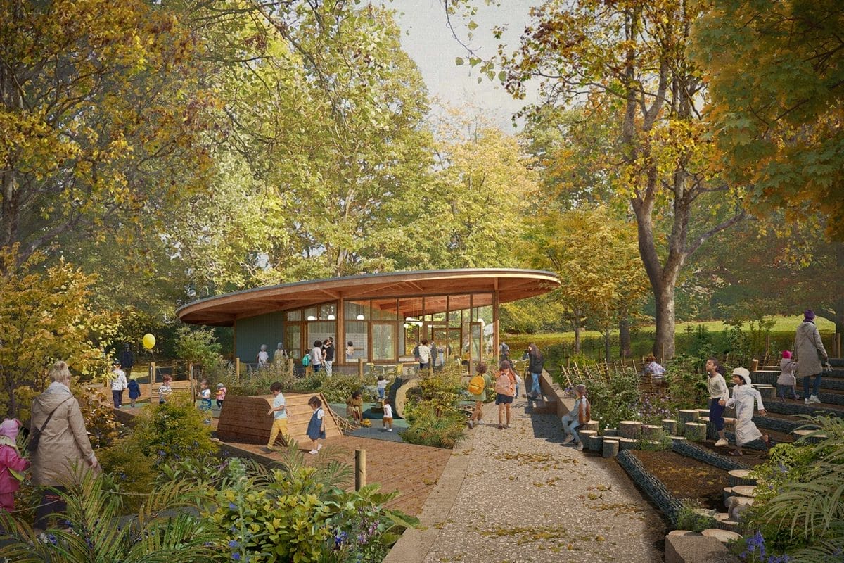 Mock up illustration of cafe with sloped roof in leafy garden spaces