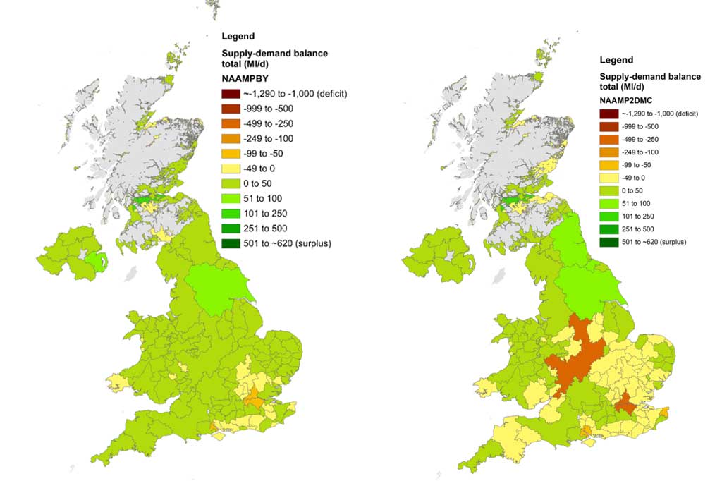 Two maps of the UK showing the water availability situation currently and in 2050.