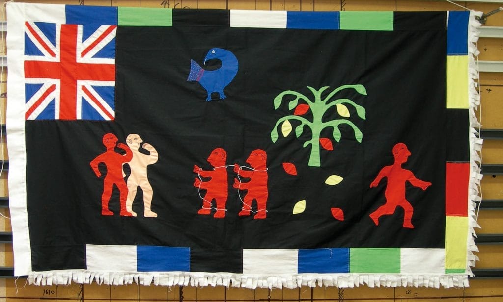 Frankaa showing European and African enslavers with captive Africans in chains. One person has escaped, and leaves are falling from a tree. 