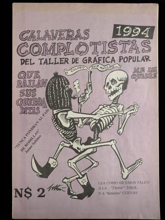 Front cover of newspaper showing two skeletons dancing with each other