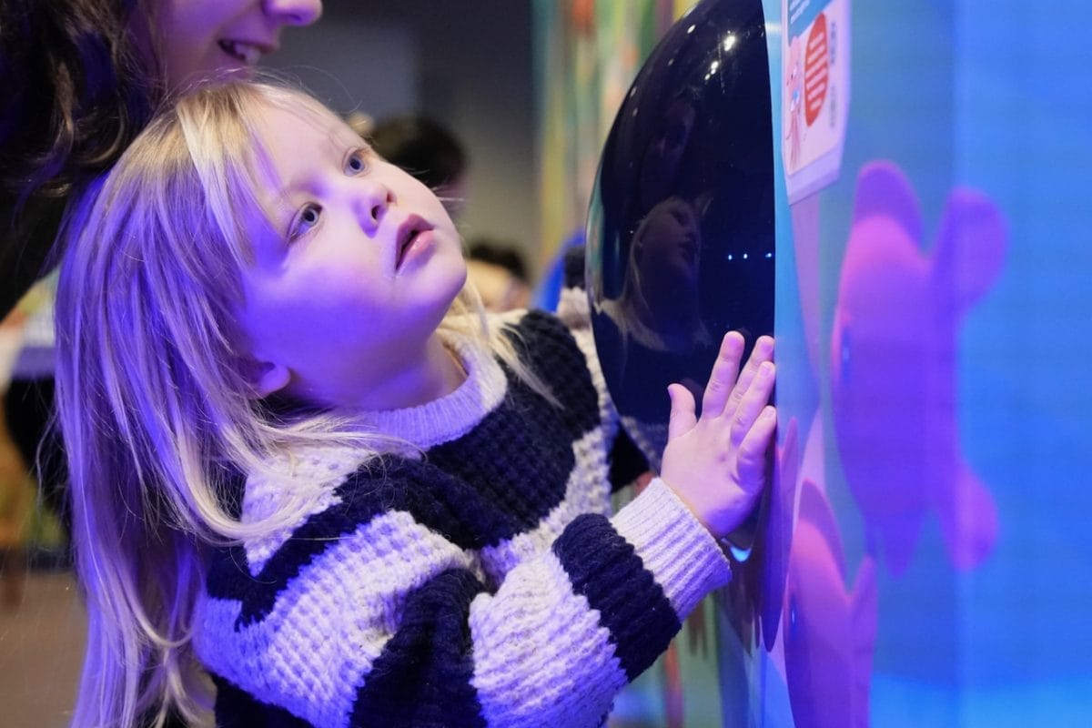 Child peers into the live tank aquarium exhibit at the Voyage to the Deep exhibition.