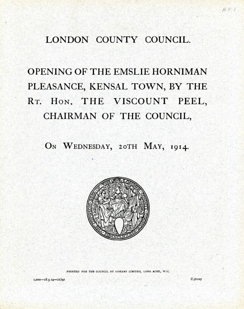 Scanned certificate reading 'london county council opening of the emslie horniman pleasance, kensal town, by the rt hon the viscount peel, chairman of the council, on wednesday 20 May 1914'