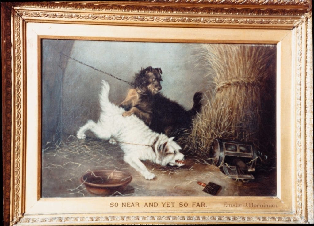 A painting of two dogs playing