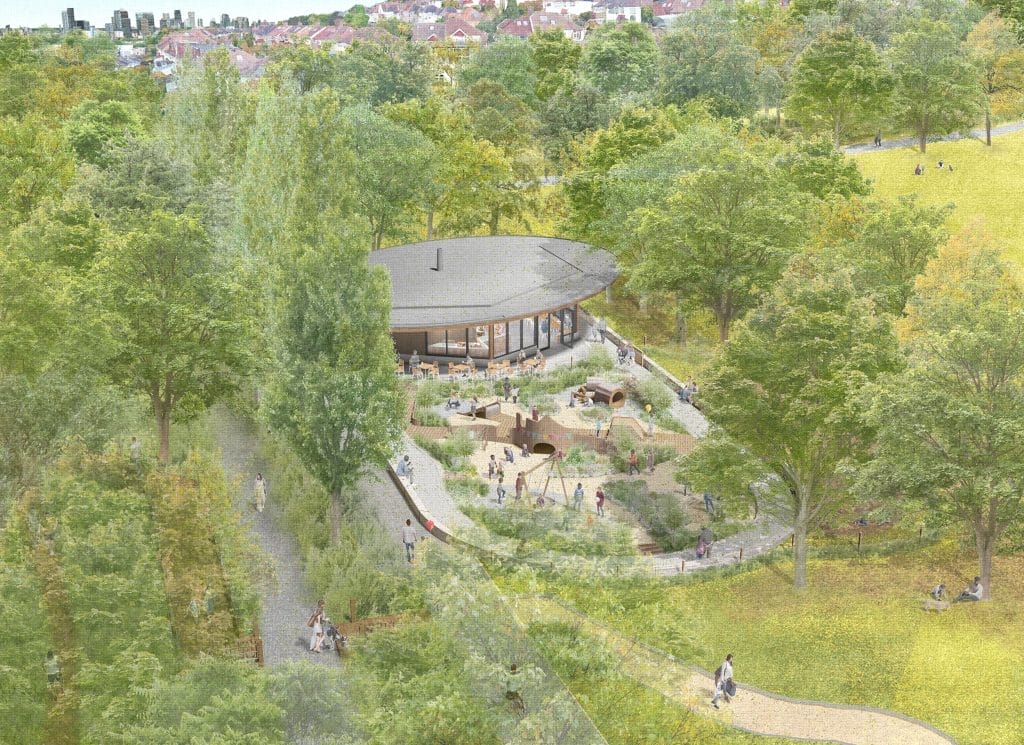 Drawing of an aerial view of the new cafe and play area once construction has completed. They sit in the leafy green grounds of the Horniman.