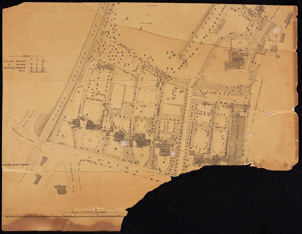 A partially torn map of the Horniman Gardens and houses around it, showing that the gardens were used as a school ground