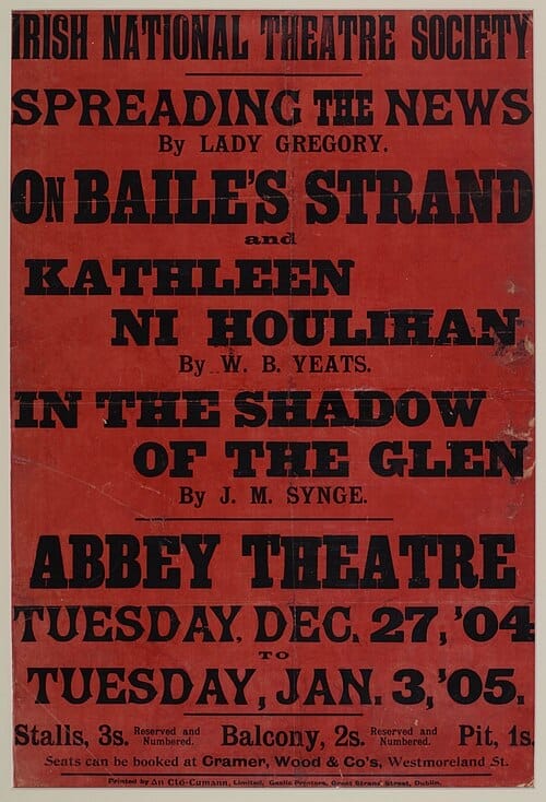 Poster for the opening night of the Abbey Theatre, listing the three plays that were shown