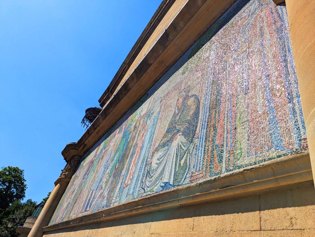 Mosaic frieze on Horniman building shot from below