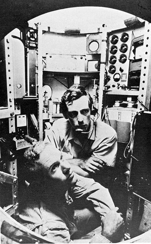 Don Walsh and Jacques Piccard in the bathyscaphe Trieste
