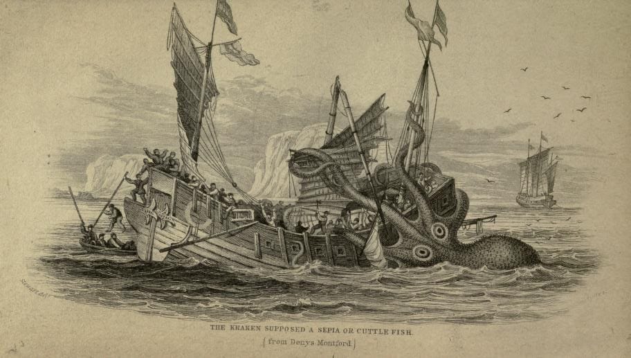 Scene of a ship being ensnared and damaged by a kraken