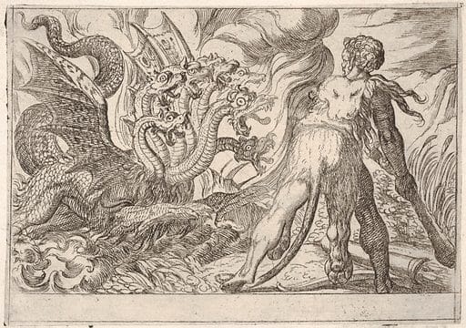 Hercules grasps his club with both hands and confronts the seven-headed hydra