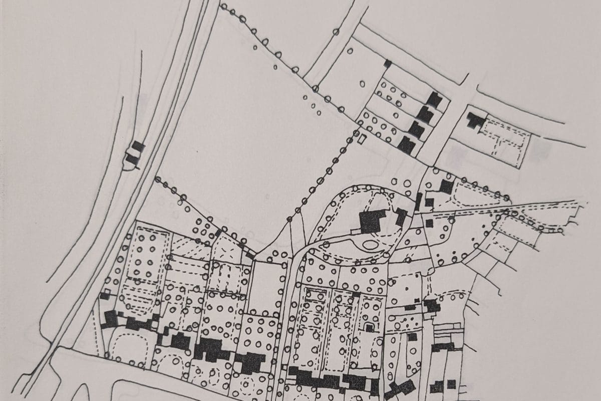 Map showing houses along London Road and mainly fields in Forest Hill