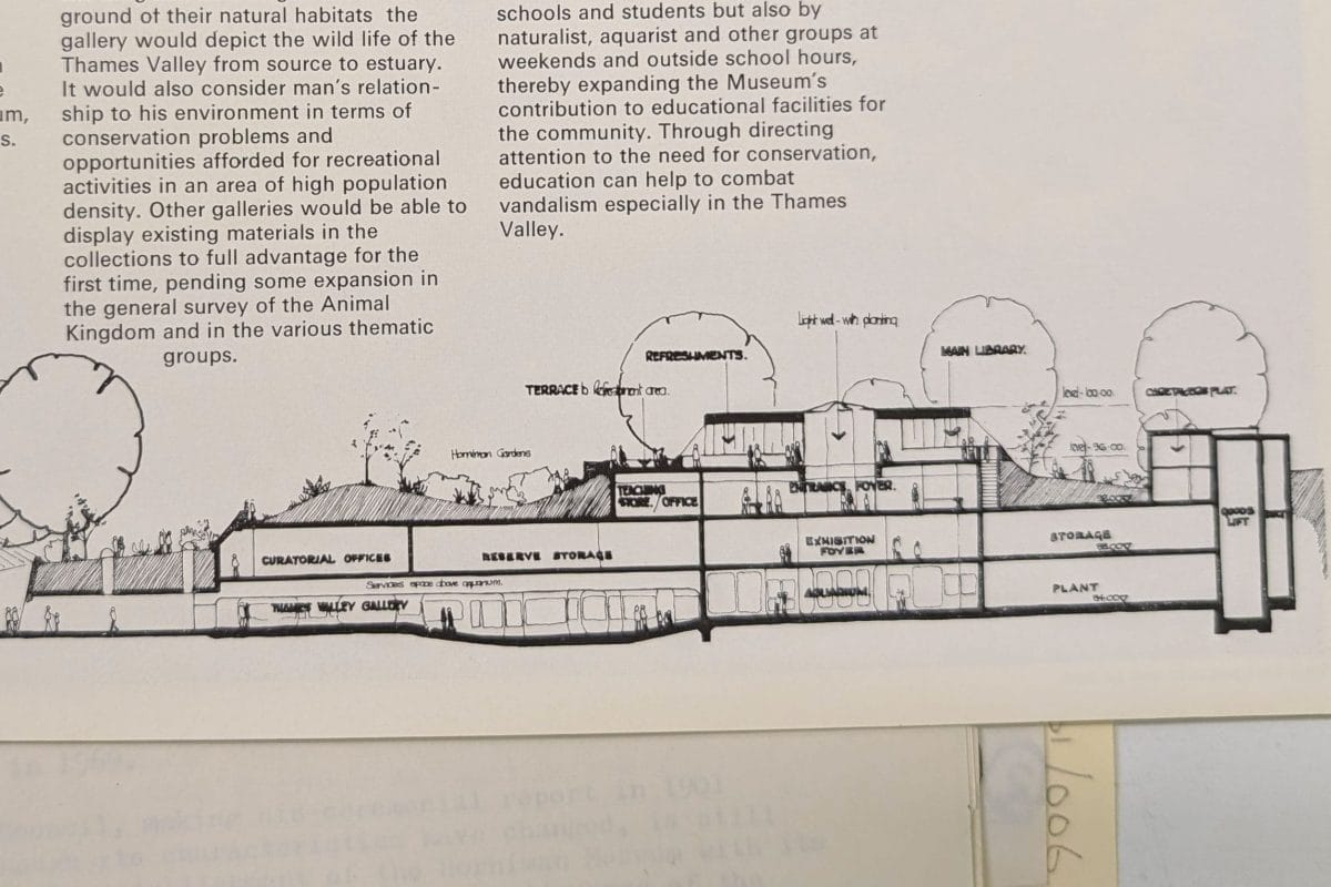 A cross section diagram of a proposed structure underground, showing which rooms would feature different parts of the collections