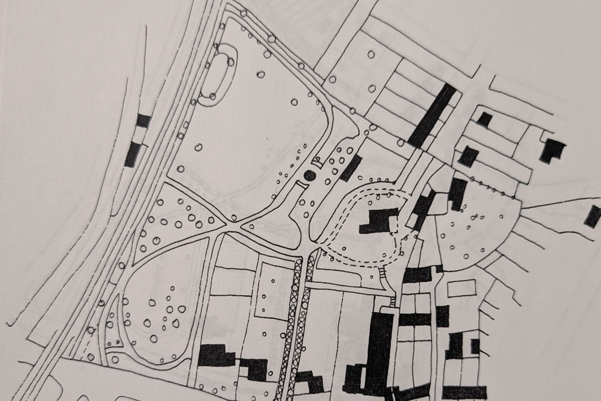 Map showing a few houses and the Horniman museum in Forest Hill with the gardens taking shape