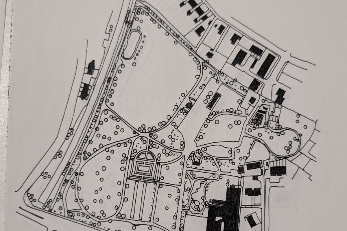 Almost a modern day map of the Horniman with gardens and surrounding streets - more houses surrounding