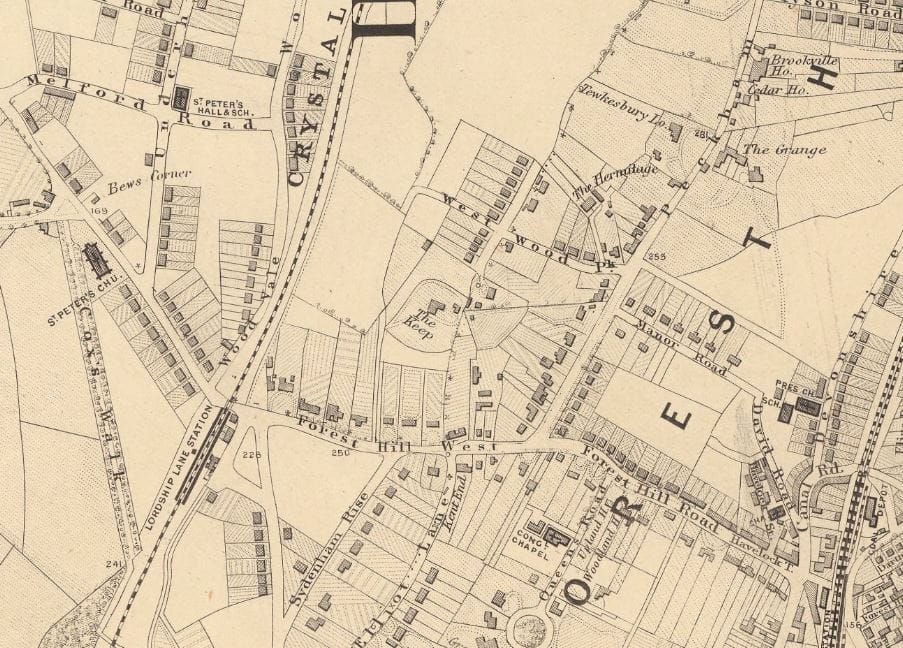 An old map from 1877 showing a very few buildings in Forest Hill, with The Keep in the centre
