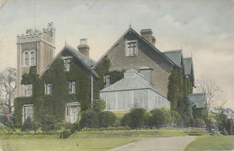 A colourised photograph of Surrey Mount house showing the conservatory on the side